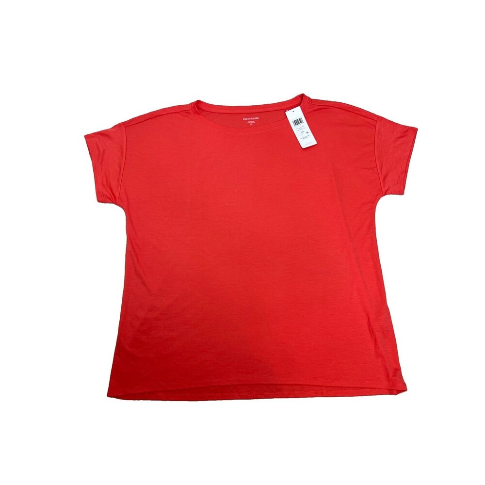 Eileen Fisher L Tunic T Shirt Lyocell Boat Neck Orange Short Sleeve New Read